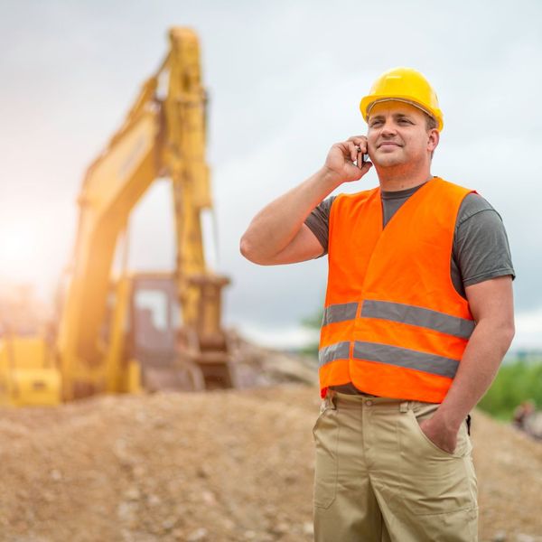 a person in safety gear on the phone