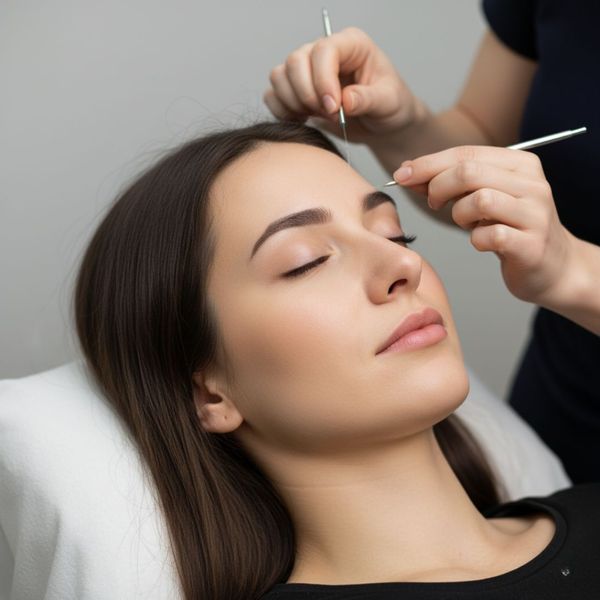 A woman with closed eyes relaxes while her eyebrows are being precisely threaded by a beautician. A woman with closed eyes relaxes while her eyebrows are being precisely threaded by a beautician.