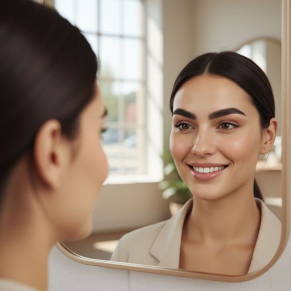 Image of a smiling woman admiring her reflection in a mirror, her eyebrows perfectly shaped Image of a smiling woman admiring her reflection in a mirror, her eyebrows perfectly shaped