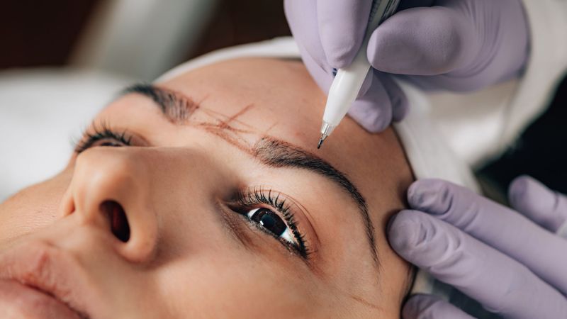 woman getting eyebrows tinted, lines drawn for proper alignment