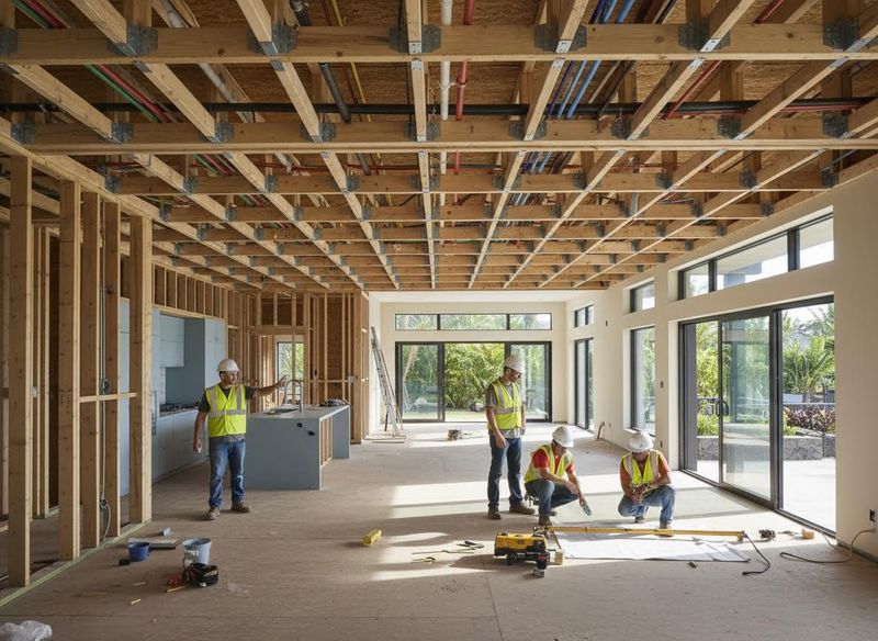 Construction workers reviewing plans in a new home build