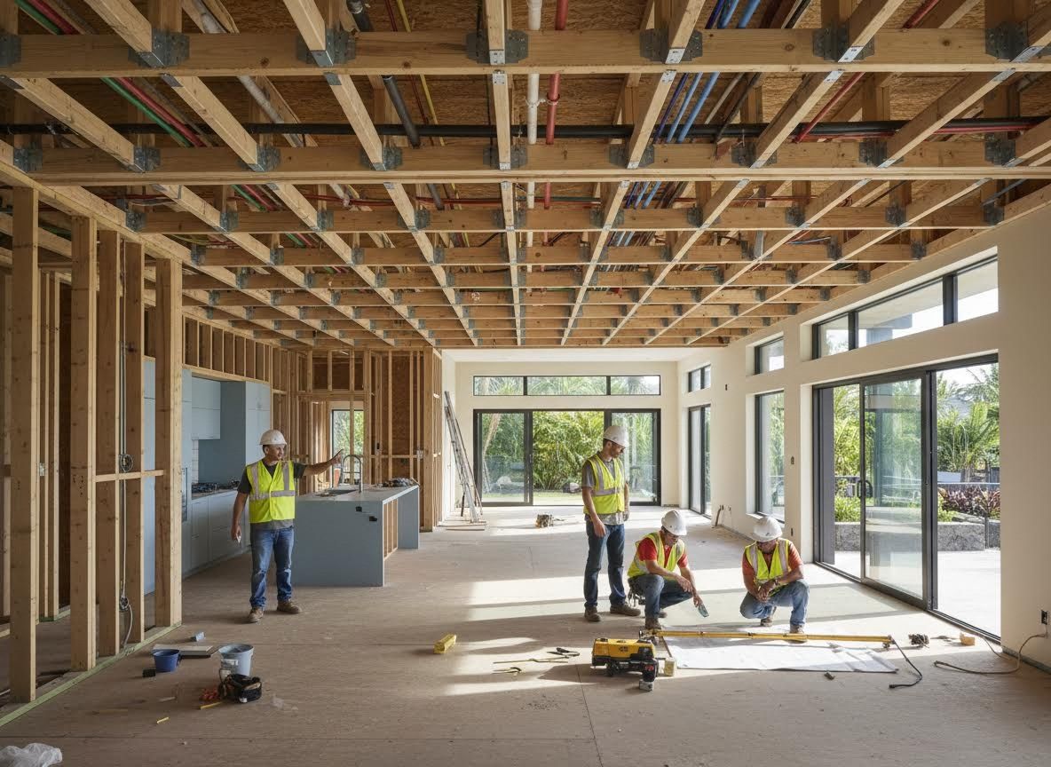 Construction workers reviewing plans in a new home build
