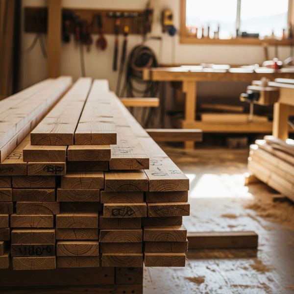 A stack of premium, straight-grained lumber ready for truss construction in a clean workshop. A stack of premium, straight-grained lumber ready for truss construction in a clean workshop.