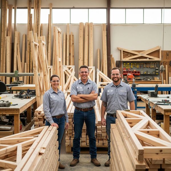 Three employees in matching shirts stand in a workshop surrounded by stacks of lumber and wooden trusses.