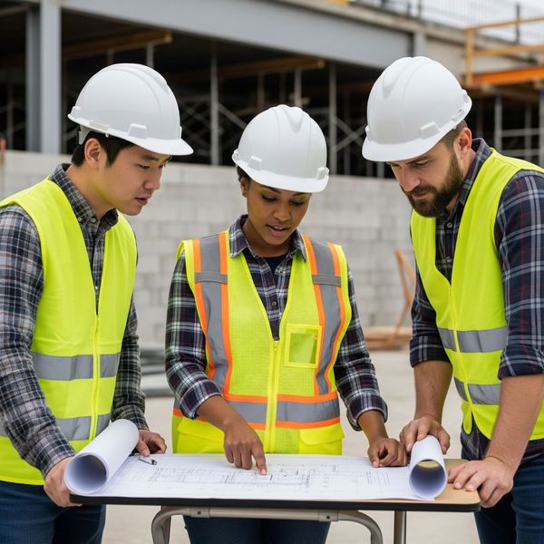 Three construction workers wearing hard hats and safety vests gather around a table to review a set of blueprints.