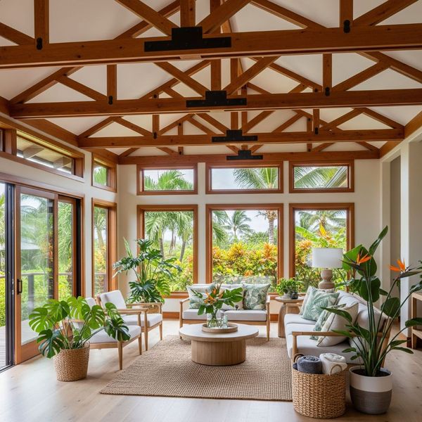 A bright and airy Hawaiian living space with large windows and beautiful exposed wood ceiling trusses. A bright and airy Hawaiian living space with large windows and beautiful exposed wood ceiling trusses.