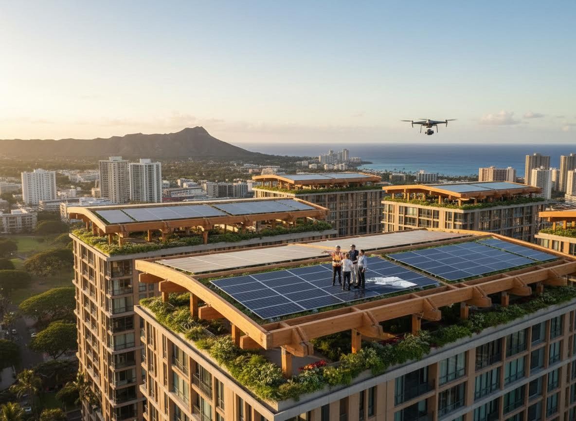 Engineers Inspecting Rooftop Solar Panels with Drone in Coastal City