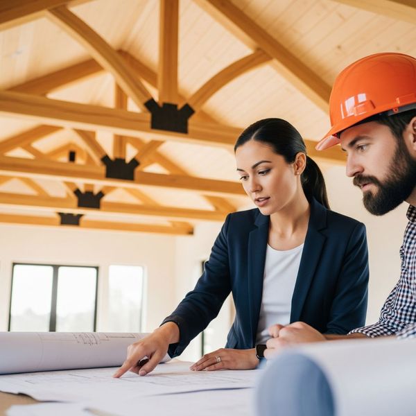 Two professionals collaborating over architectural plans in a home featuring exposed wood trusses. Two professionals collaborating over architectural plans in a home featuring exposed wood trusses.