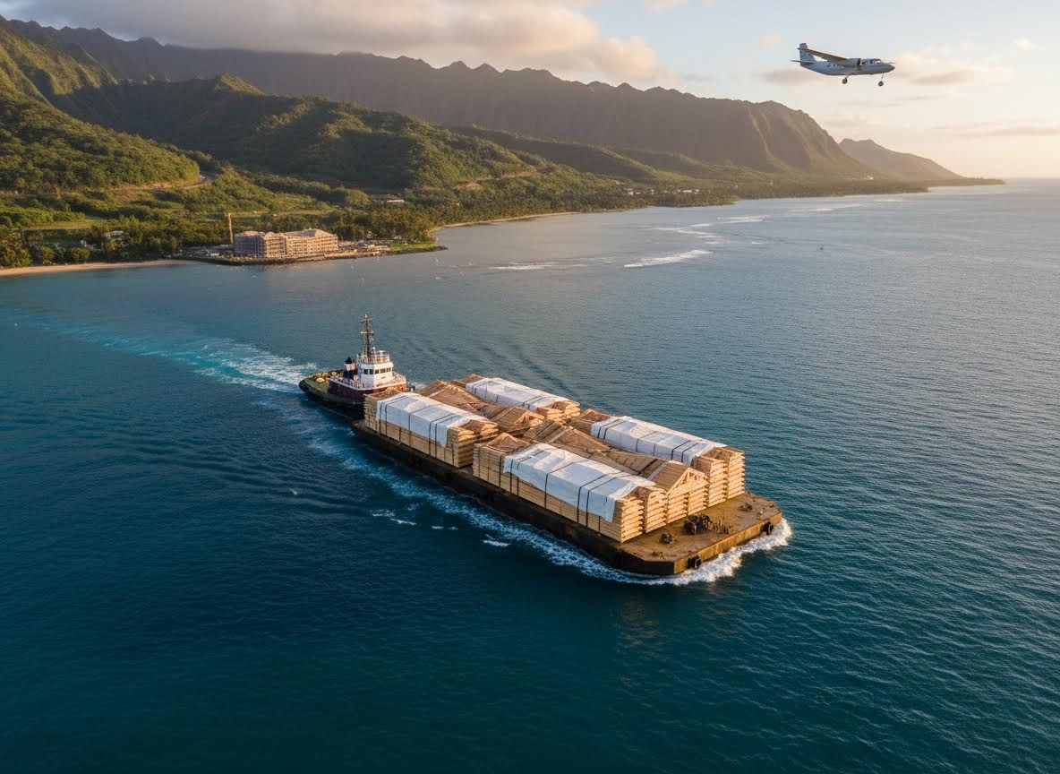 Tugboat Pushing Barge with Lumber in Coastal Waters