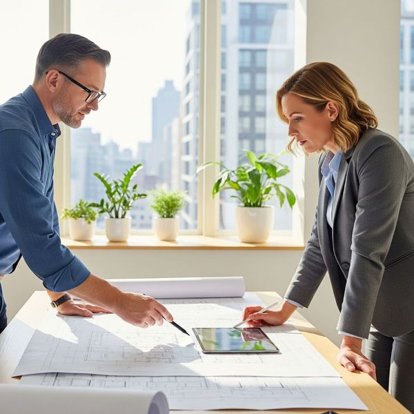 A man and a woman in business attire lean over a table, reviewing blueprints and looking at a tablet.