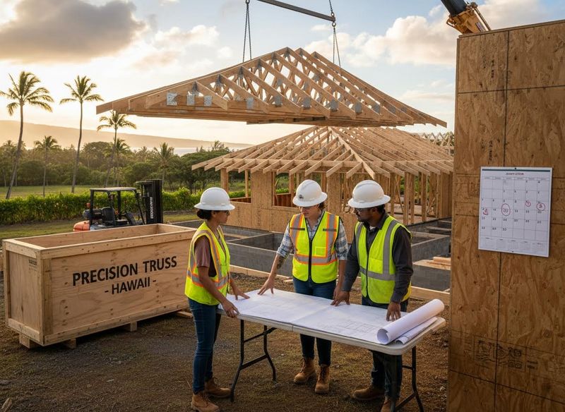 Construction team reviews blueprints as crane lifts roof truss for new home build in Hawaii