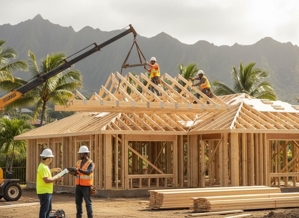 Construction workers building house roof trusses with a crane