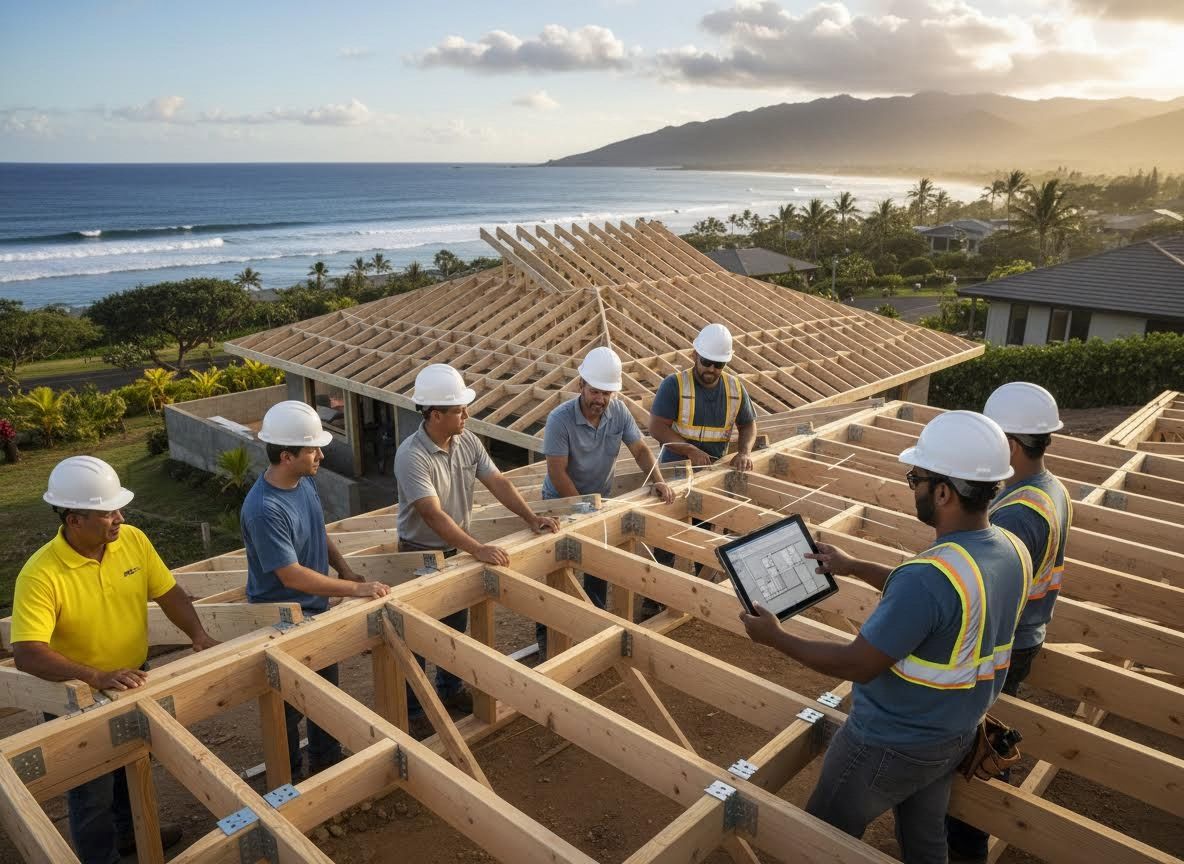 Construction Crew Building a Coastal Home with Digital Plans
