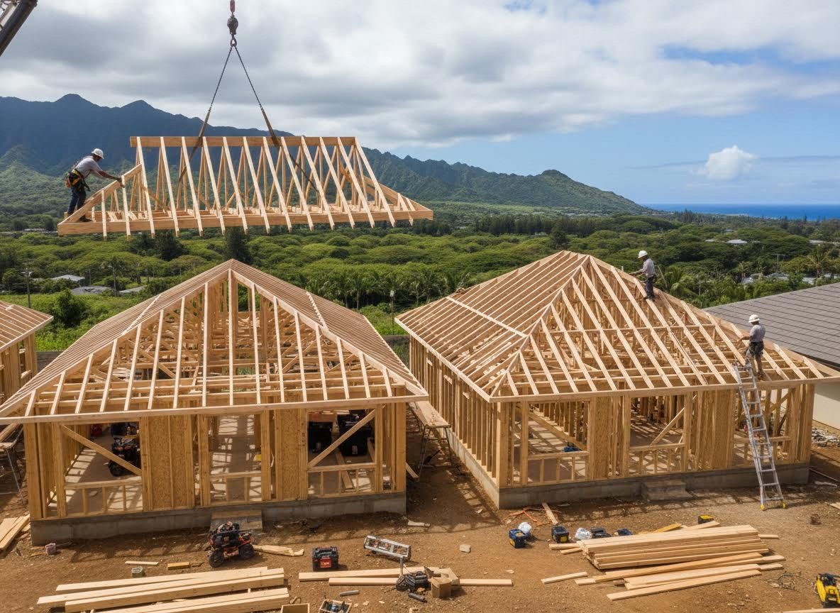 House construction with crane lifting roof truss