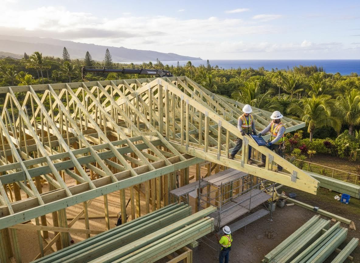 Construction workers framing a new house roof in a tropical setting