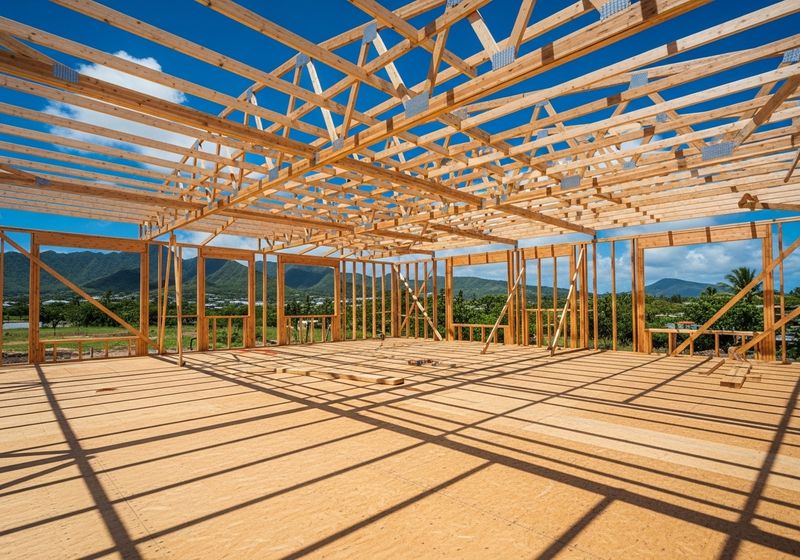 Engineered wood floor trusses framing a new home construction site in Hawaii with mountain views hero