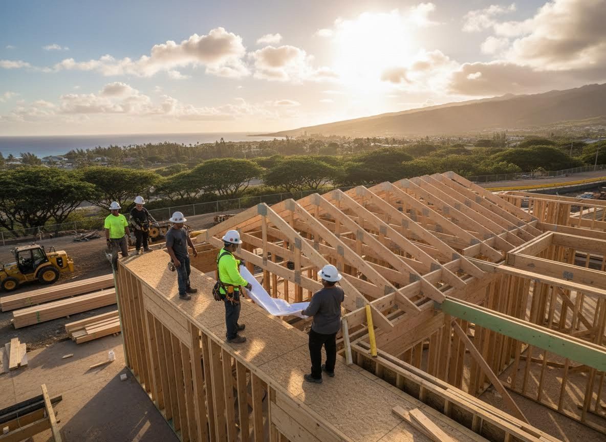 Construction Workers on New House Frame with Scenic View