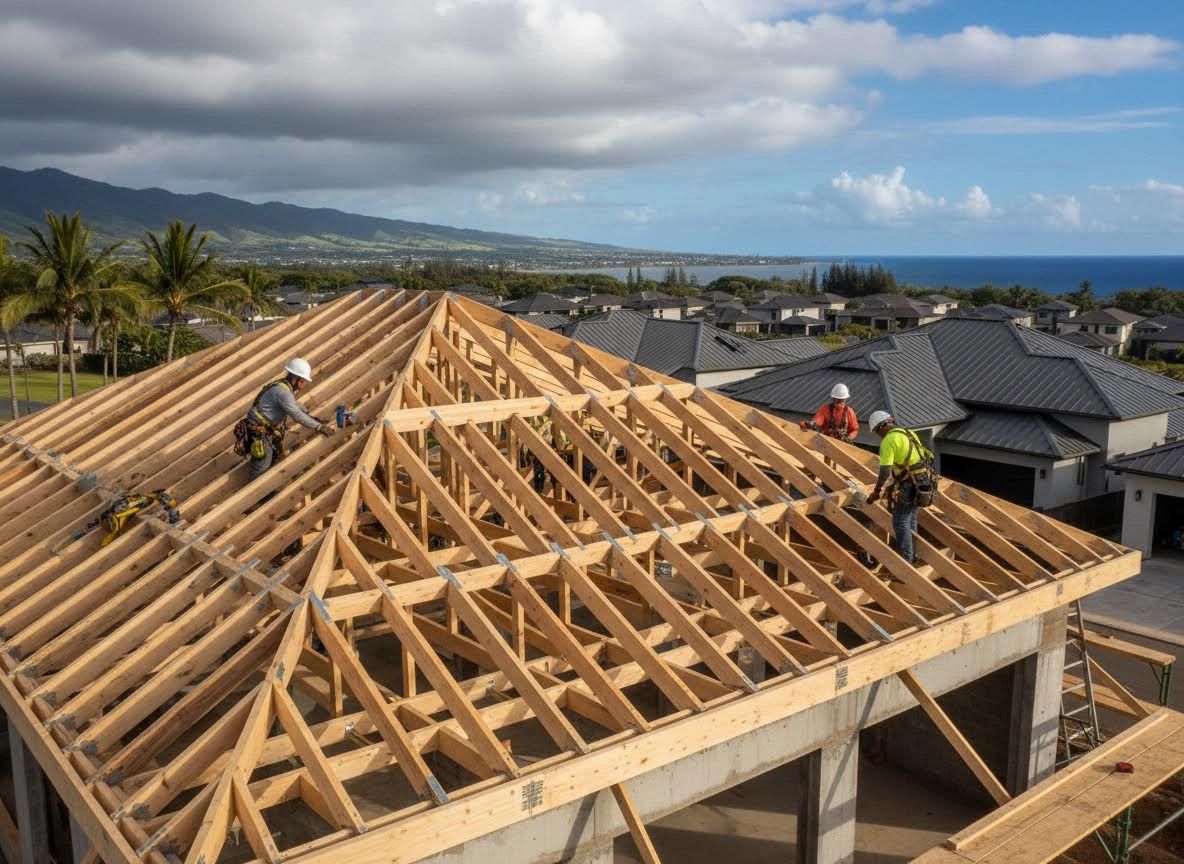 Construction workers building a new roof structure overlooking a coastal town