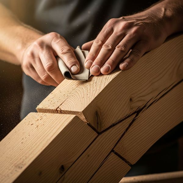 A craftsman carefully sands a complex joint on a large wooden truss. A craftsman carefully sands a complex joint on a large wooden truss.