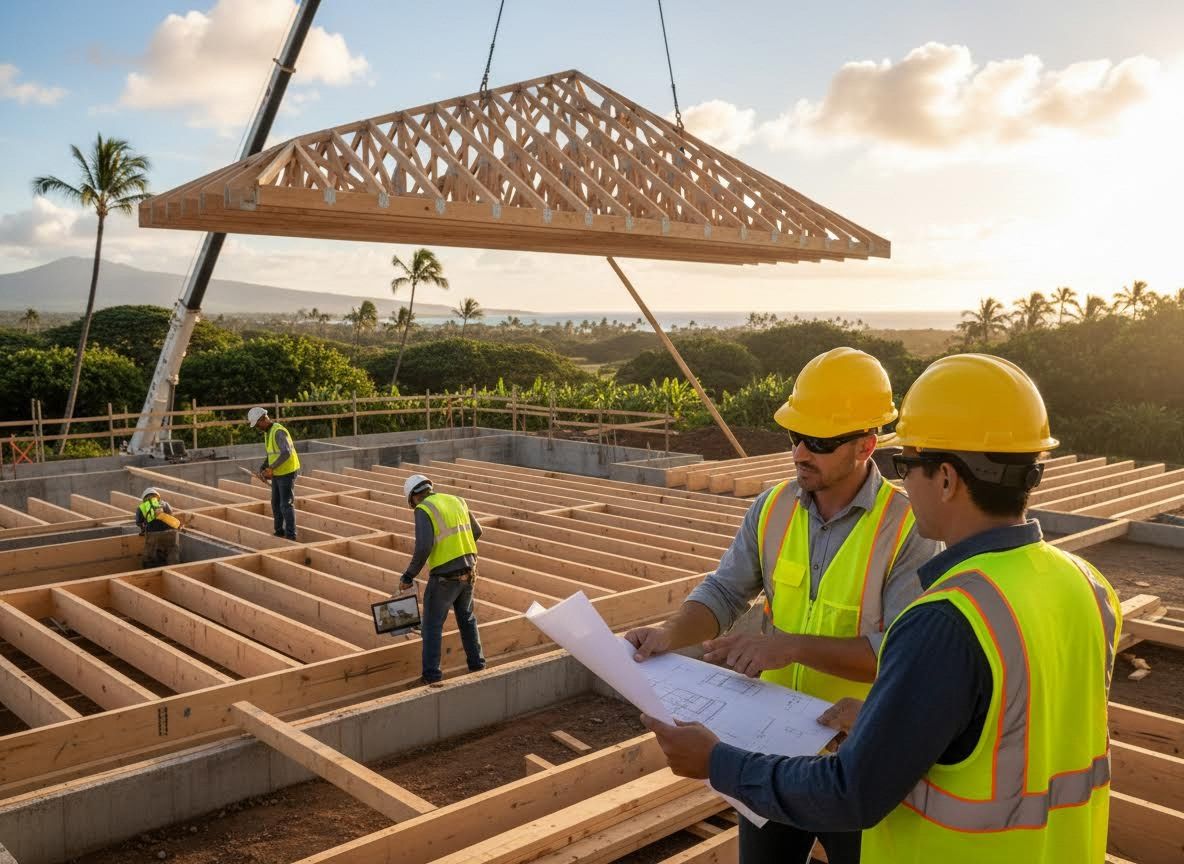 Construction team reviewing blueprints as crane lifts roof trusses