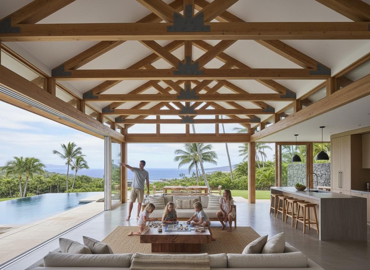 Family relaxing in a modern open-concept home with ocean views