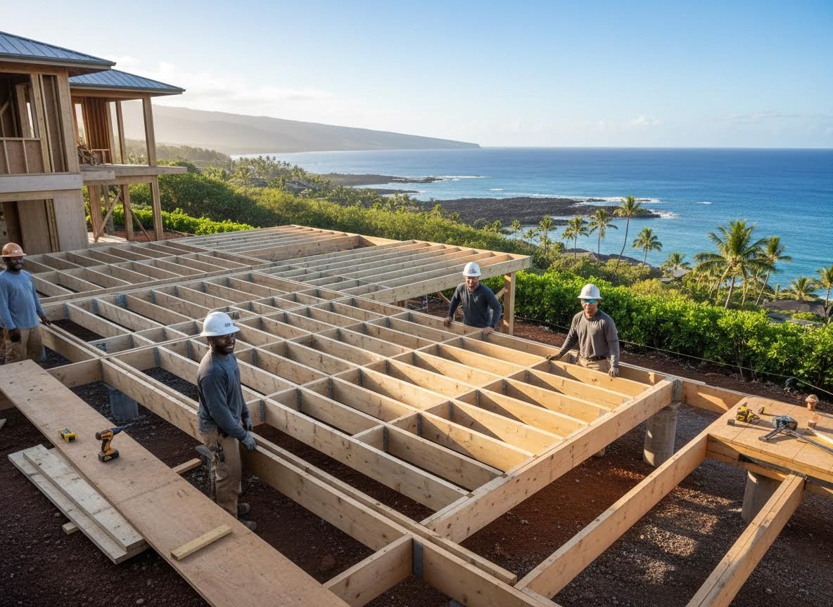 Construction workers building a house frame overlooking the ocean