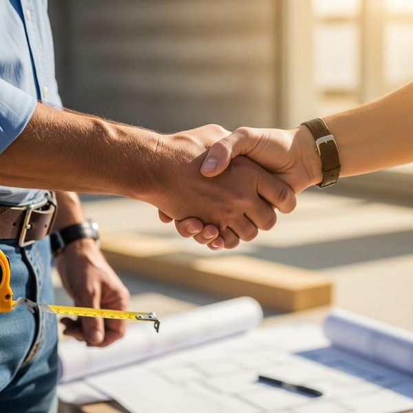 A close-up of two people shaking hands over a table that has blueprints and a measuring tape on it.