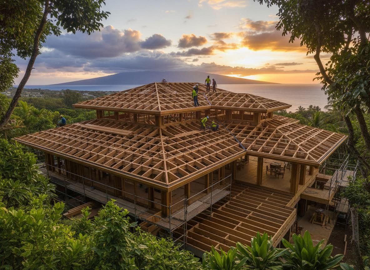 Luxury Home Construction at Sunset with Ocean View