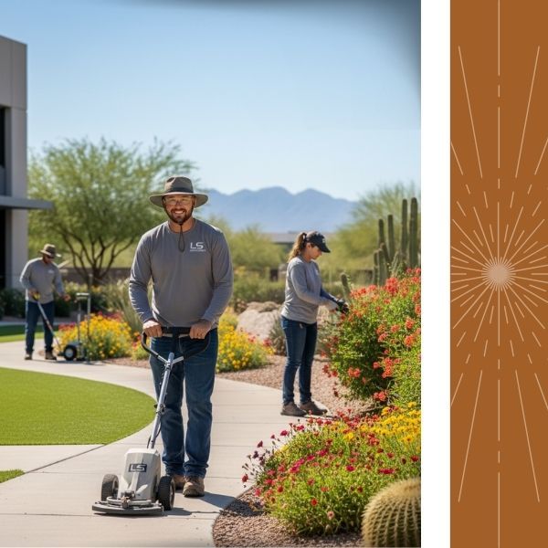 Modern commercial office exterior in Phoenix featuring pavers, artificial turf, and desert landscaping at sunset.