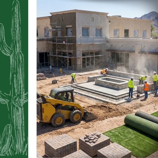 Commercial landscape renovation in progress with skid steer loader and new materials.