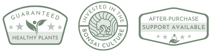 Set of trust badges (Badge 1: Guaranteed healthy plants, Badge 2: Invested in the bonsai culture, Badge 3: After-purchase support available) 
