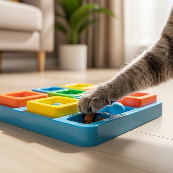 Close-up of a pet using a mental stimulation puzzle toy on wood flooring