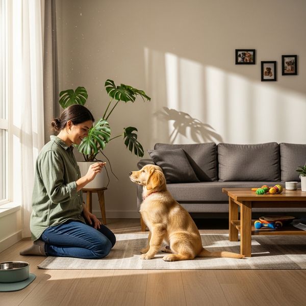 A pet owner training their puppy in a sunlit, pet-friendly apartment.