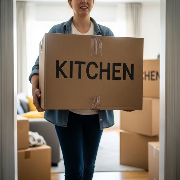 person carrying a box they packed
