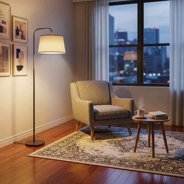 A beautifully lit apartment interior featuring a decorative area rug and a floor lamp to define a specific relaxation zone.