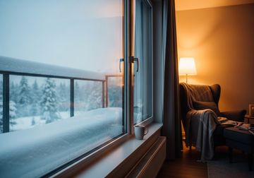 Warm, cozy interior view of a modern apartment window with snow outside.