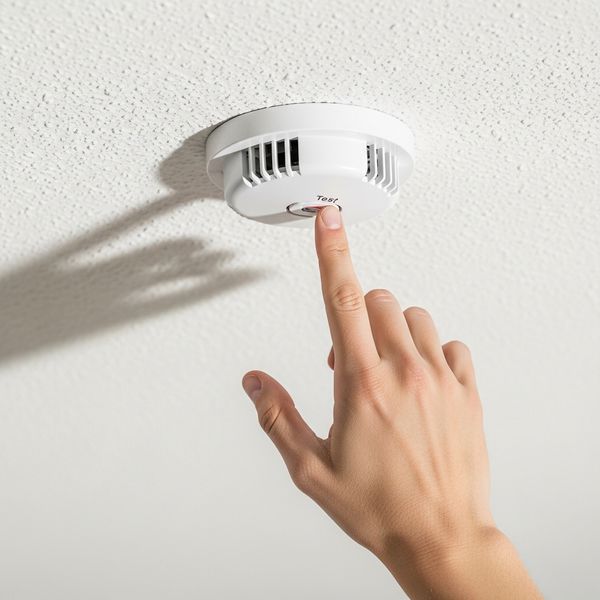 Hand reaching up to press the test button on a smoke detector on a white ceiling.