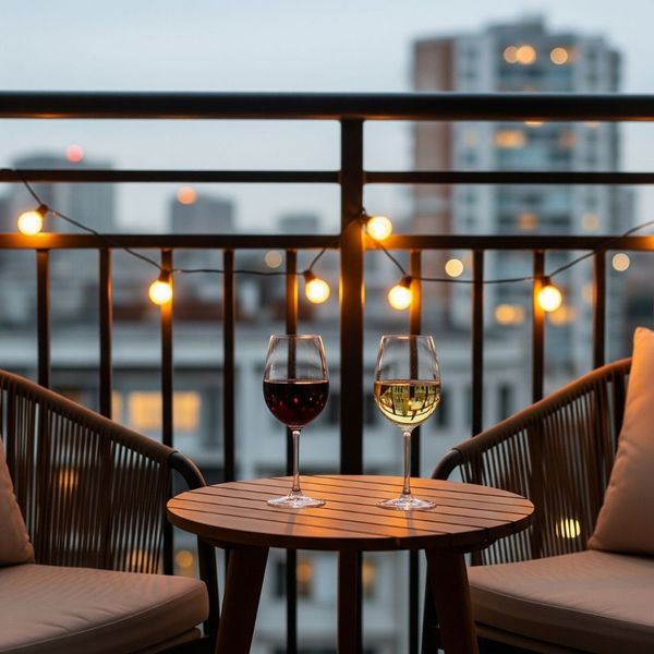 An apartment balcony with warm string lights and drinks