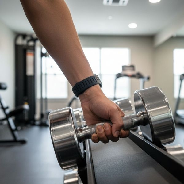 Person's hand gripping a dumbbell Person's hand gripping a dumbbell