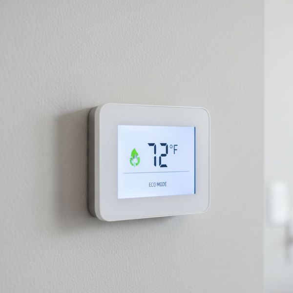 Close-up of a modern smart thermostat displaying an energy-saving leaf icon