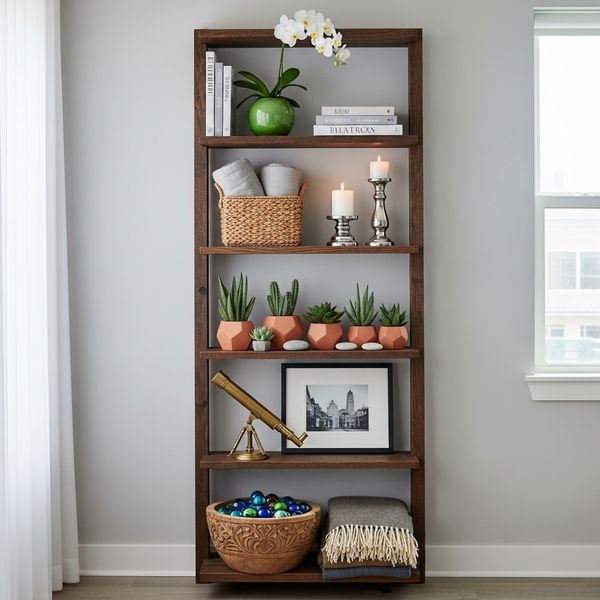 tall, vertical shelving unit in an apartment, showcasing decorative items