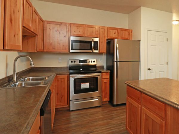 Interior of a kitchen at the Gateway North Apartments.