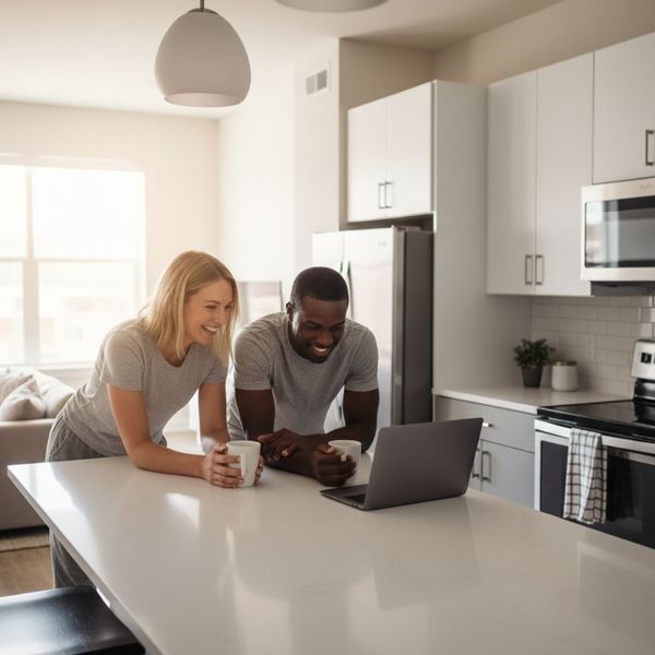 Two friends socializing around a spacious kitchen island Two friends socializing around a spacious kitchen island