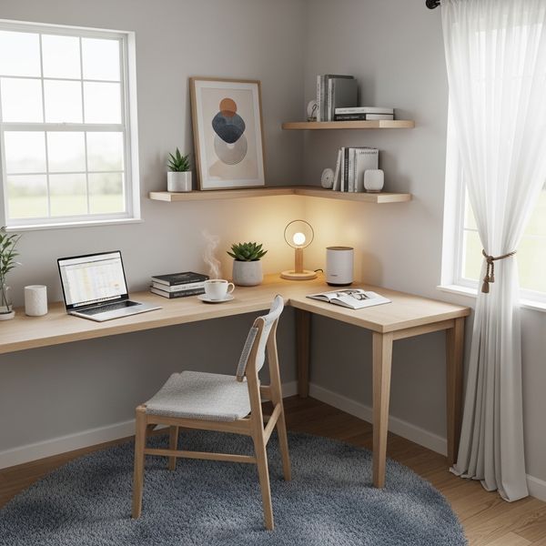 A home office nook in the corner of a room