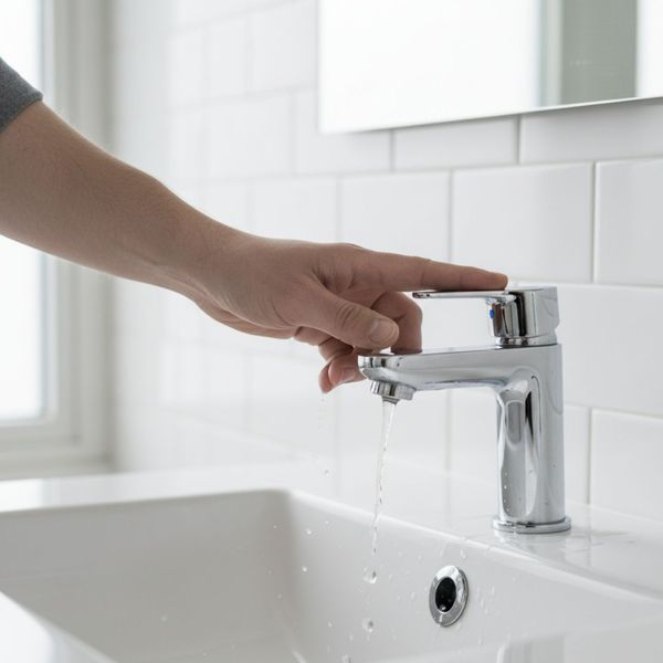 Hand turning off a modern chrome bathroom faucet to conserve water