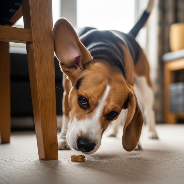 A beagle engaging in an indoor scavenger hunt.