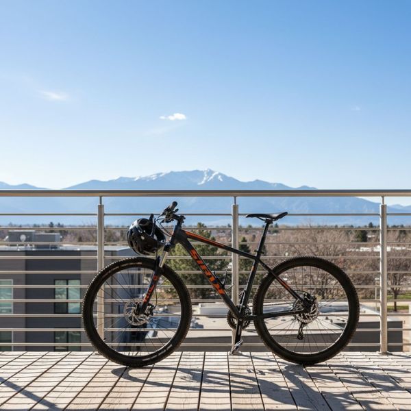 Mountain bike stored on a private apartment balcony Mountain bike stored on a private apartment balcony