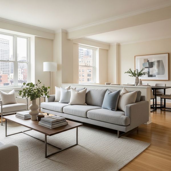 A stylish living room setup showing a sofa positioned to divide the seating area from the rest of the open floor plan.