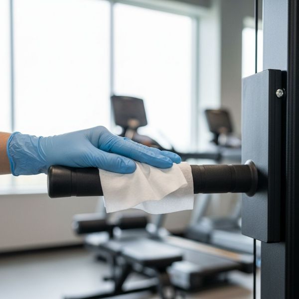 Hand wiping down gym equipment handle with a disinfectant wipe