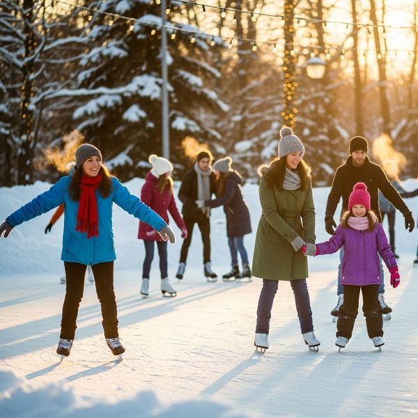 People smiling and ice skating on an outdoor rink in winter.